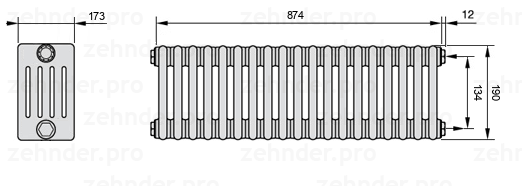 Схема (чертеж) Радиатор Zehnder Charleston 5019/19 №7610 Белый глянцевый RAL 9016